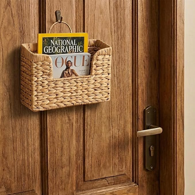 Magazine Holder Wall Basket Water Hyacinth Woven Mail Organizer, Wicker Wall