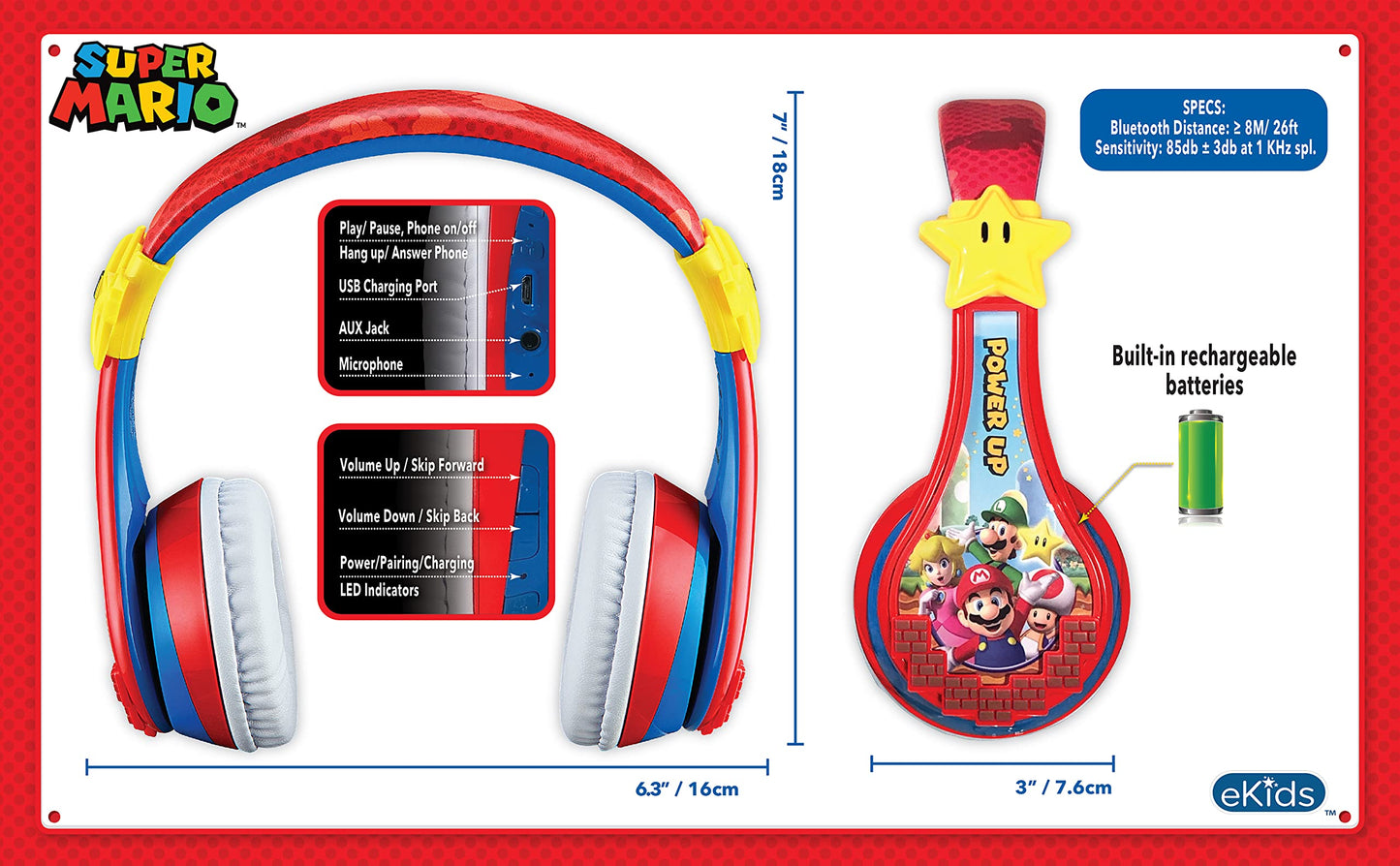 Super Mario Wireless Bluetooth Portable Kids Headphones with Microphone, Volume Reduced to Protect Hearing Rechargeable Battery, Adjustable Kids Headband for School Home or Travel