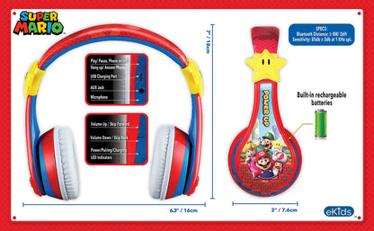 Super Mario Wireless Bluetooth Portable Kids Headphones with Microphone, Volume Reduced to Protect Hearing Rechargeable Battery, Adjustable Kids Headband for School Home or Travel