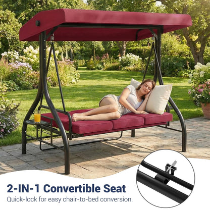 Garvee 3-Seat Outdoor Porch Swing with Adjustable Canopy, Convertible Patio Swing Bed with Stand, Thick Cushions & Cup Holders, Weather-Resistant Steel Frame for Backyard, Garden, Porch, Red