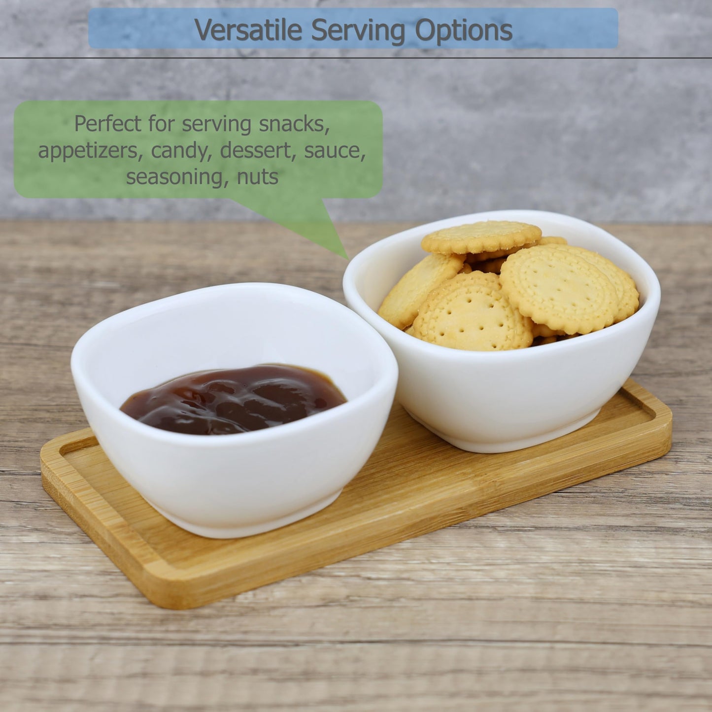 EIKS Ceramic Dip Bowls Side Dishes with Wooden Tray for Serving Appetizer Nuts Candy Snack Sauce Sauce Seasoning