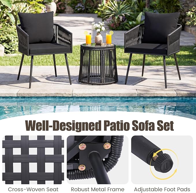 Tangkula 3 Pieces Patio Rattan Bistro Conversation Set, Outdoor All-Weather