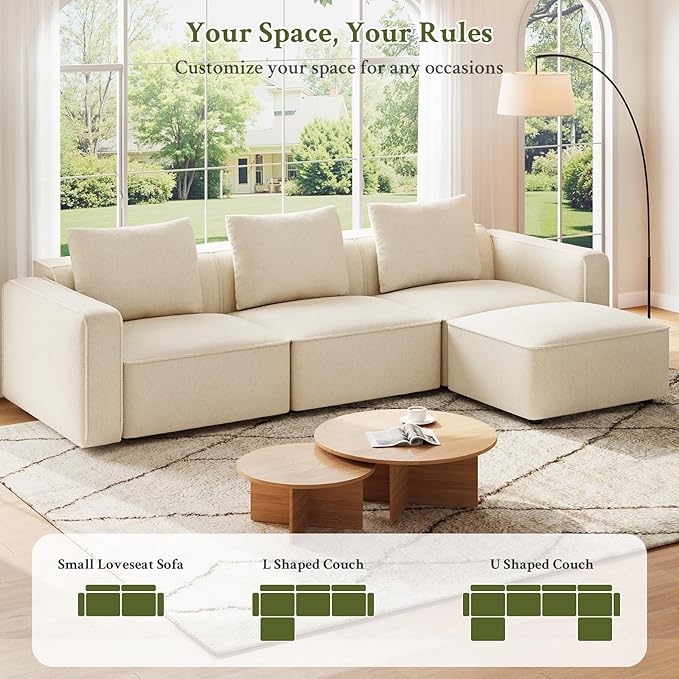 Welzona 132" Sectional Couch, Locked-in Modular Sectional Sofa, Wood Frame