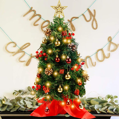 Blissun 2Ft Mini Christmas Tree, Artificial Christmas Pine Trees, Tabletop Xmas Tree, Mini Christmas Pine Tree with LED Lights, Star Tree Topper and Christmas Ornaments for Christmas Table Decorations