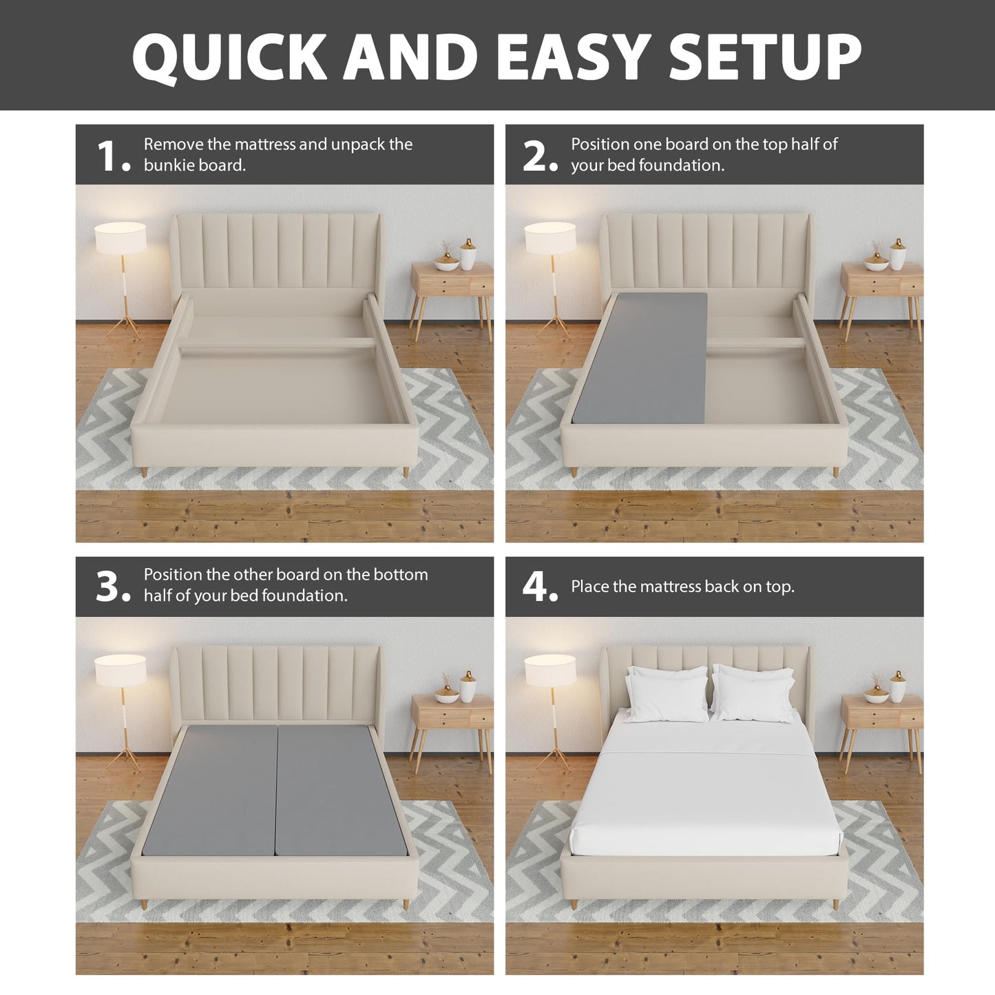 Zayton, 1.5" Split Wood Bunkie Board Queen Size Bed - 2-Piece Under Mattress Support Board, Fully Assembled, Fabric Ventilation Cover - Replaces Wooden Slats or Box Spring for Bed Frames