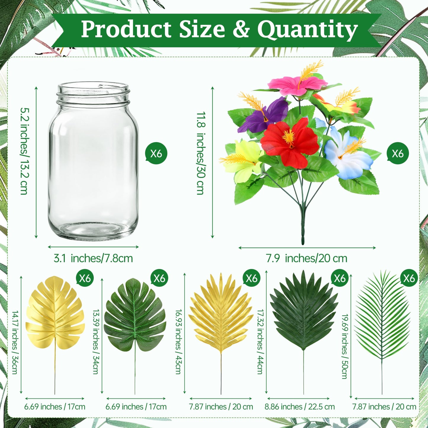 Fovths 6 Pack Hawaiian Flower Centerpieces with Mason Jars Artificial Hibiscus Bouquet Monstera Palm Leaves Tropical Mason Jars Centerpieces for Table, Luau, Jungle, Beach Party Decorations