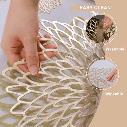 Snowkingdom Pack of 8 Gold Metallic Round Placemats Bulk Round Pressed Vinyl Leaf Dinning Kitchen Table Mats Decoration for Christmas Wedding Thanksgiving Party