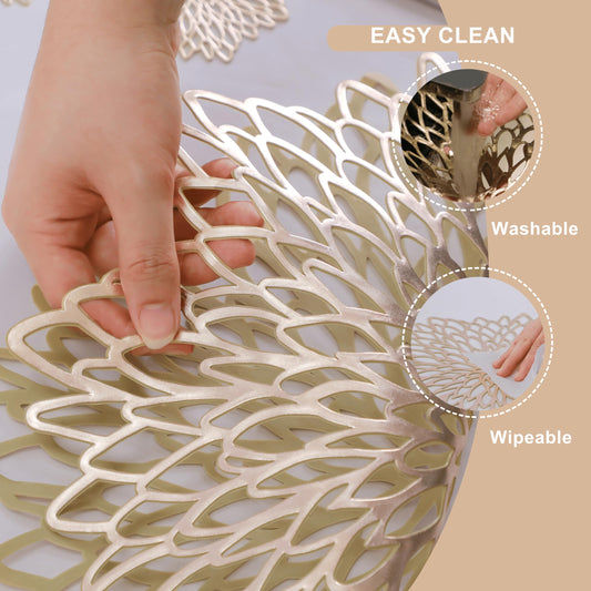 Snowkingdom Pack of 8 Gold Metallic Round Placemats Bulk Round Pressed Vinyl Leaf Dinning Kitchen Table Mats Decoration for Christmas Wedding Thanksgiving Party