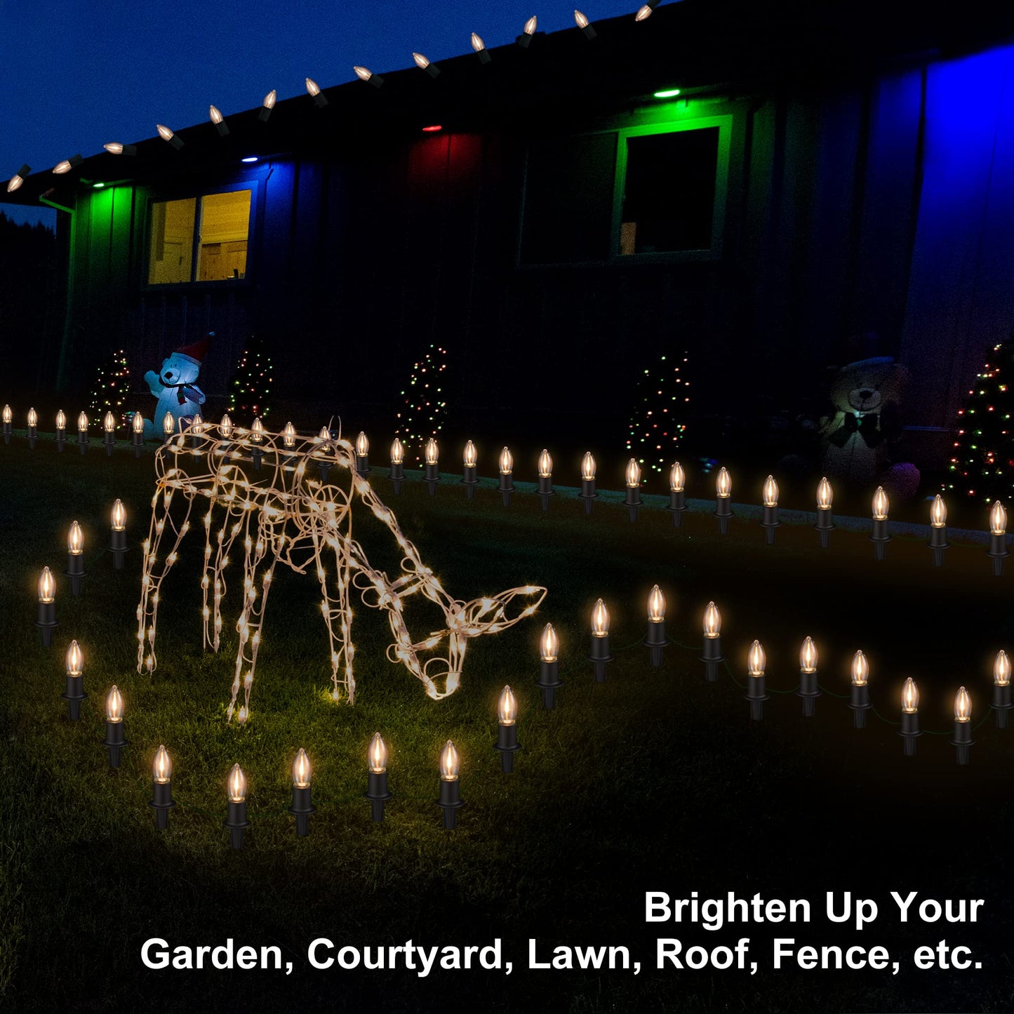 PerPaiMe C9 Christmas Pathway Lights Outdoor LED - 24.2 Feet String Lights with 20 Bulbs, Waterproof Christmas Path Lights with Stake for Yard, Garden, Lawn, Walkway, Driveway, Sidewalk, Warm White