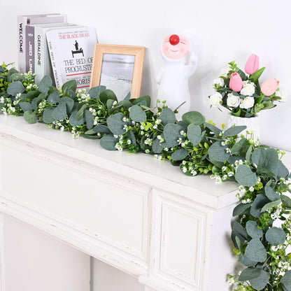Waipfaru 2Pcs Eucalyptus Garland, 5.9FT Greenery Garland, Green Garland with Flowers, Artificial Faux Silver Dollar Eucalyptus Leaves Vines for Table Home Wedding Mantle Party Indoor Outdoor Decor