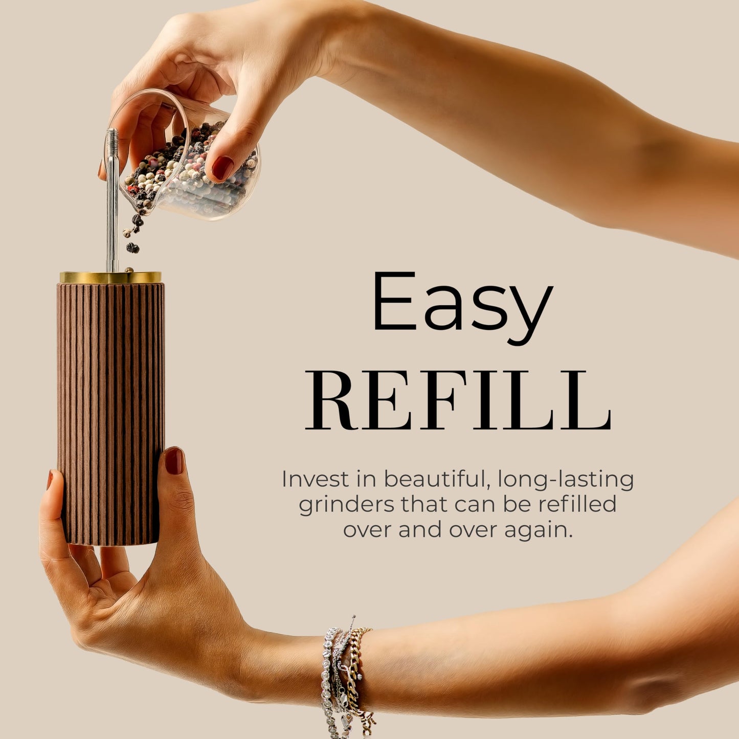 Wooden Salt and Pepper Grinder Set – Refillable Manual Salt and Pepper Mills with Adjustable Ceramic Burrs, Gold Detailing, and Wood Stand – Dark Wood