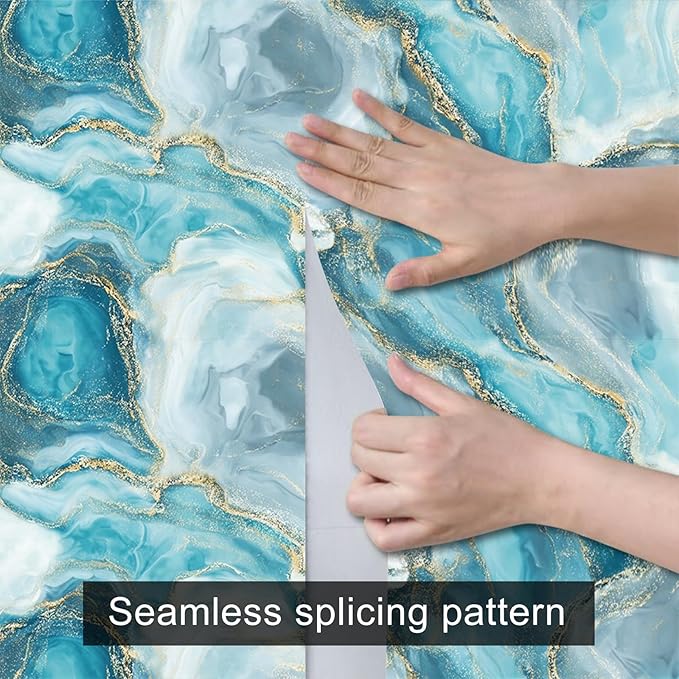 HOMETITUTE Teal Agate Marble Wallpaper Peel and Stick Blue Stone Pattern
