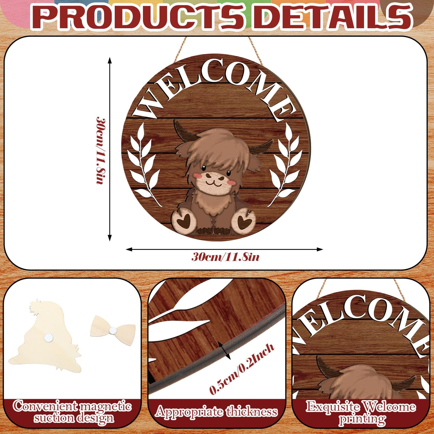 GlikCeil 33 Pcs Holiday Interchangeable Highland Cow Welcome Sign Highland Cow Seasonal Wooden Hanging Door Decor Patriotic Farmhouse Hanging Sign for Front Door Graduation Decor(Brown Grain)