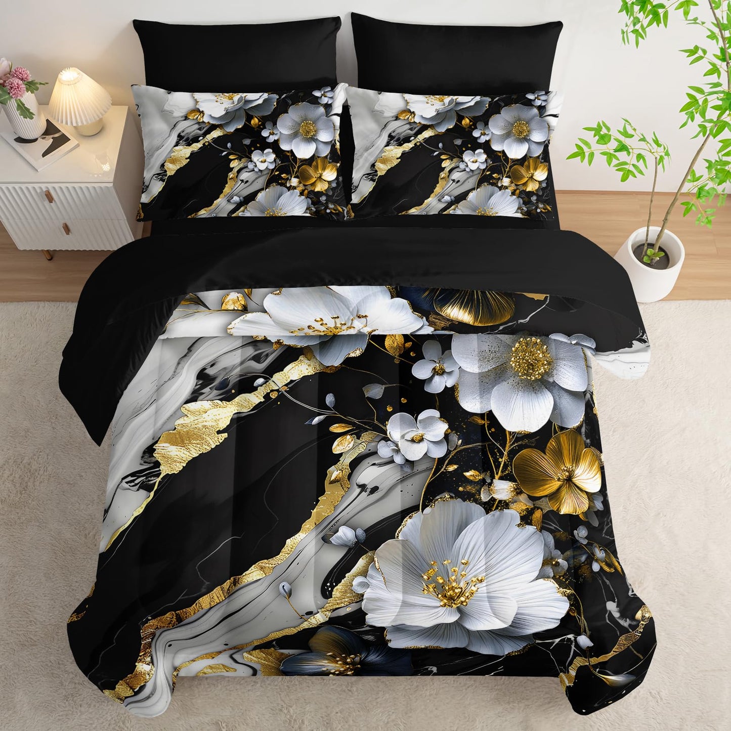 lneffble 7 Piece Marble Floral Comforter Set Queen，Black and White Marble Bedding Set，Black and Gold Marble Bedroom Decor，(1 Comforter, 1 Flat Sheet, 1 Fitted Sheet, 2 Pillowcase and 2 Pillow Sham)