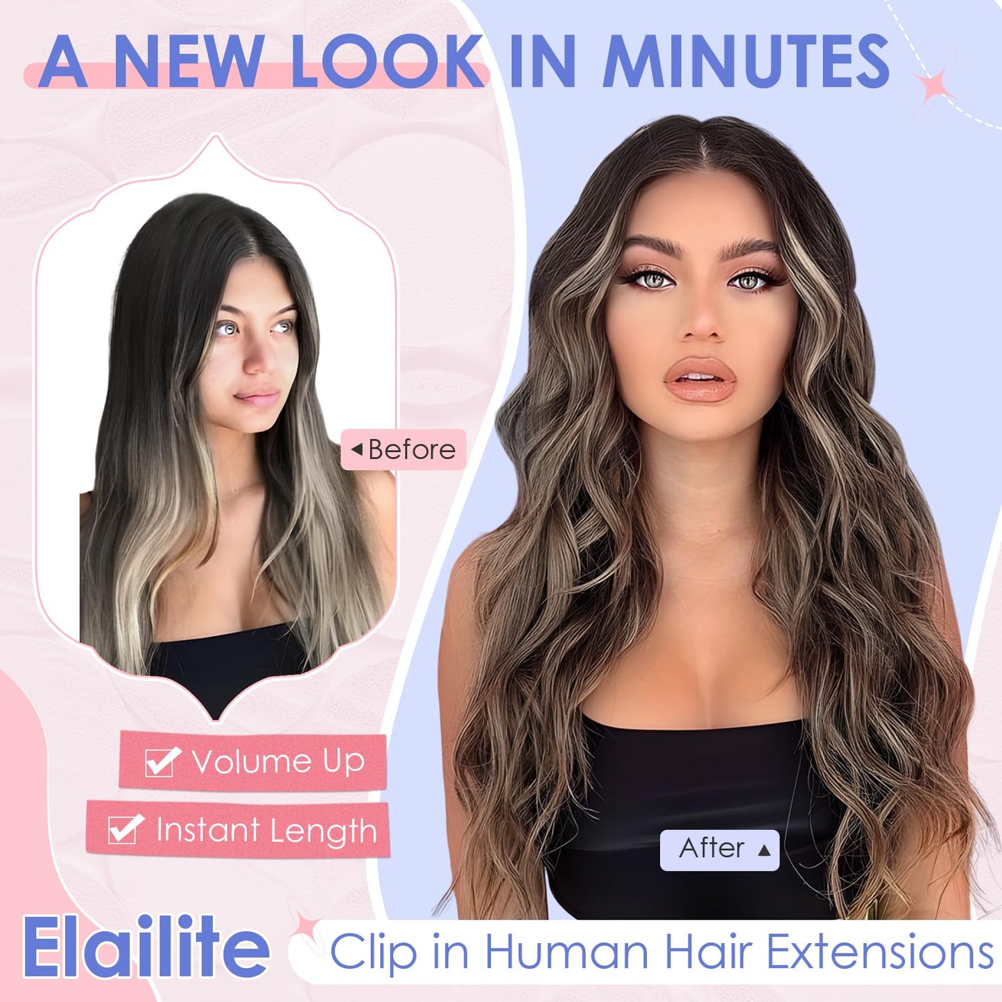 Elailite Clip in Hair Extension Real Human Hair Remy Natural Hair - 8 Pieces (Thin Weft) Full Head Straight - #18/613 Ash Blonde Mix Bleach Blonde - 10 Inch (50 g)