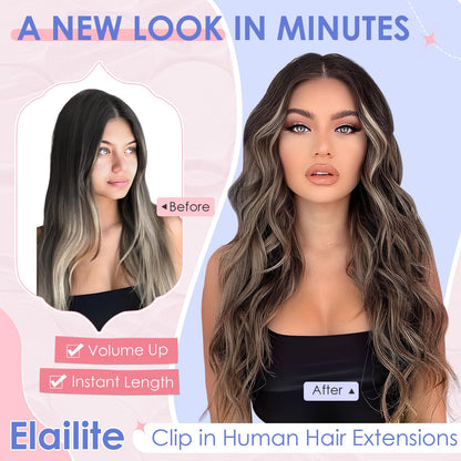 Elailite Clip in Hair Extension Real Human Hair Remy Natural Hair - 8 Pieces (Thin Weft) Full Head Straight - #18/613 Ash Blonde Mix Bleach Blonde - 10 Inch (50 g)