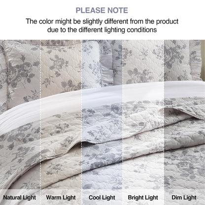 HORIMOTE HOME Greyish Blue Ruffled Quilt King Size with 2 Pillow Shams, Shabby Chic Reversible Floral Bedspread Coverlet, Soft Lightweight Comforter Bed Cover for All Season, 3 Pieces, 106x96 inches