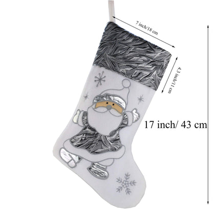 WEWILL Classic White Silvery Christmas Stockings Set of 2 Santa, Snowman Xmas Character Fireplace Hanging Stockings 17 inches for Holiday Party Family