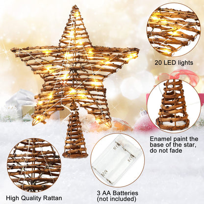 Threan Christmas Rattan Star Treetop, 14 Inch Burlap Rattan Star Tree Topper with Warm Lights Rustic Xmas Treetop Decoration for Christmas Tree Ornament Home Party Indoor(10 Lights)