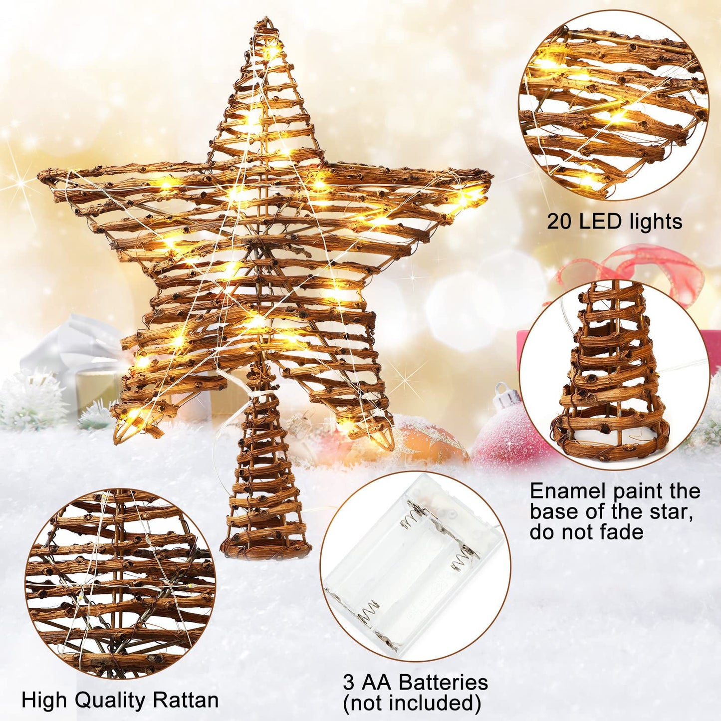 Threan Christmas Rattan Star Treetop, 14 Inch Burlap Rattan Star Tree Topper with Warm Lights Rustic Xmas Treetop Decoration for Christmas Tree Ornament Home Party Indoor(10 Lights)