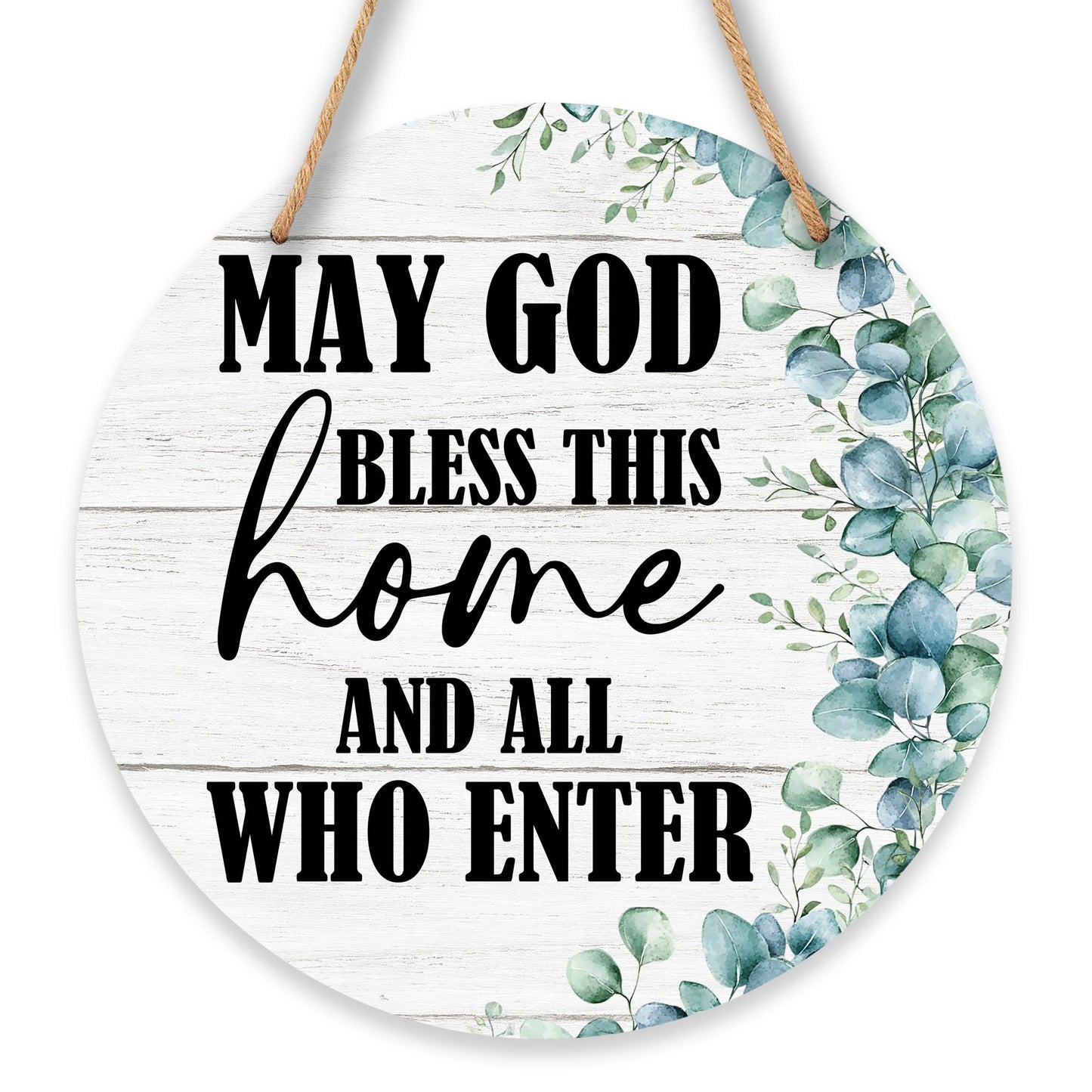 Rustic Round Wooden Hanging Sign - May God Bless This Home - 10 ’’ Eucalyptus Leaves Wooden Wall Hanging Door Sign - Farmhouse Wall Art Decor For Home Office Room -Housewarming Gifts For Women Men-A01