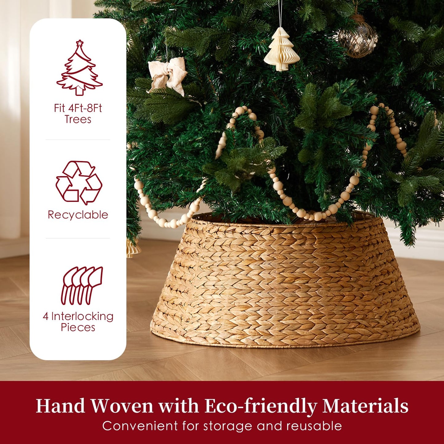 24in Hyacinth Christmas Tree Collar - Woven Rattan Basket for Christmas Tree Base Cover, Holiday Decoration for 4ft 6ft 7.5ft Artificial Trees with Cord Cut-Out(Natural)