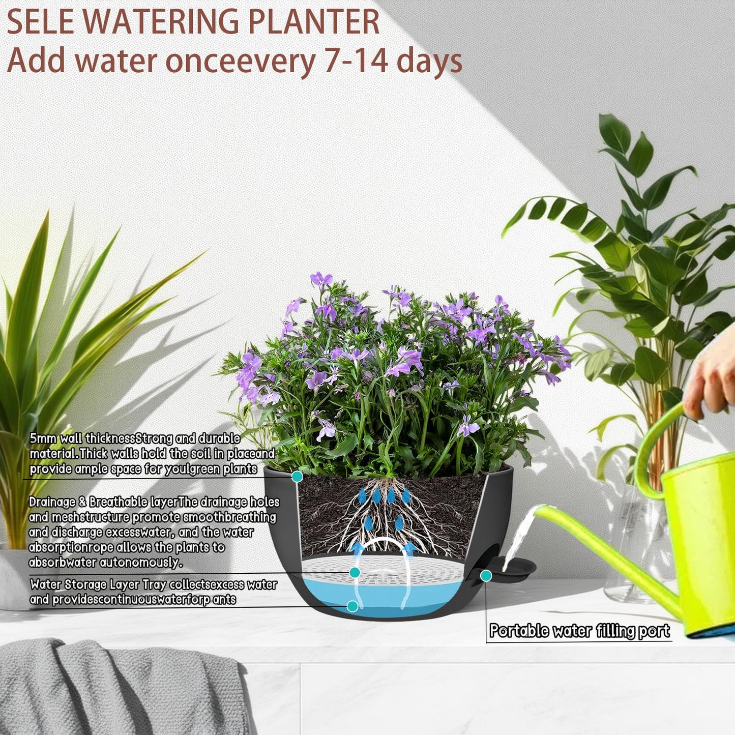 zople 2 Pack 12 Inch Self Watering Hanging Planters for Indoor Plants, Large Black Plastic Hanging Pots with Chains for Outdoor Patio Garden Home Decor Black