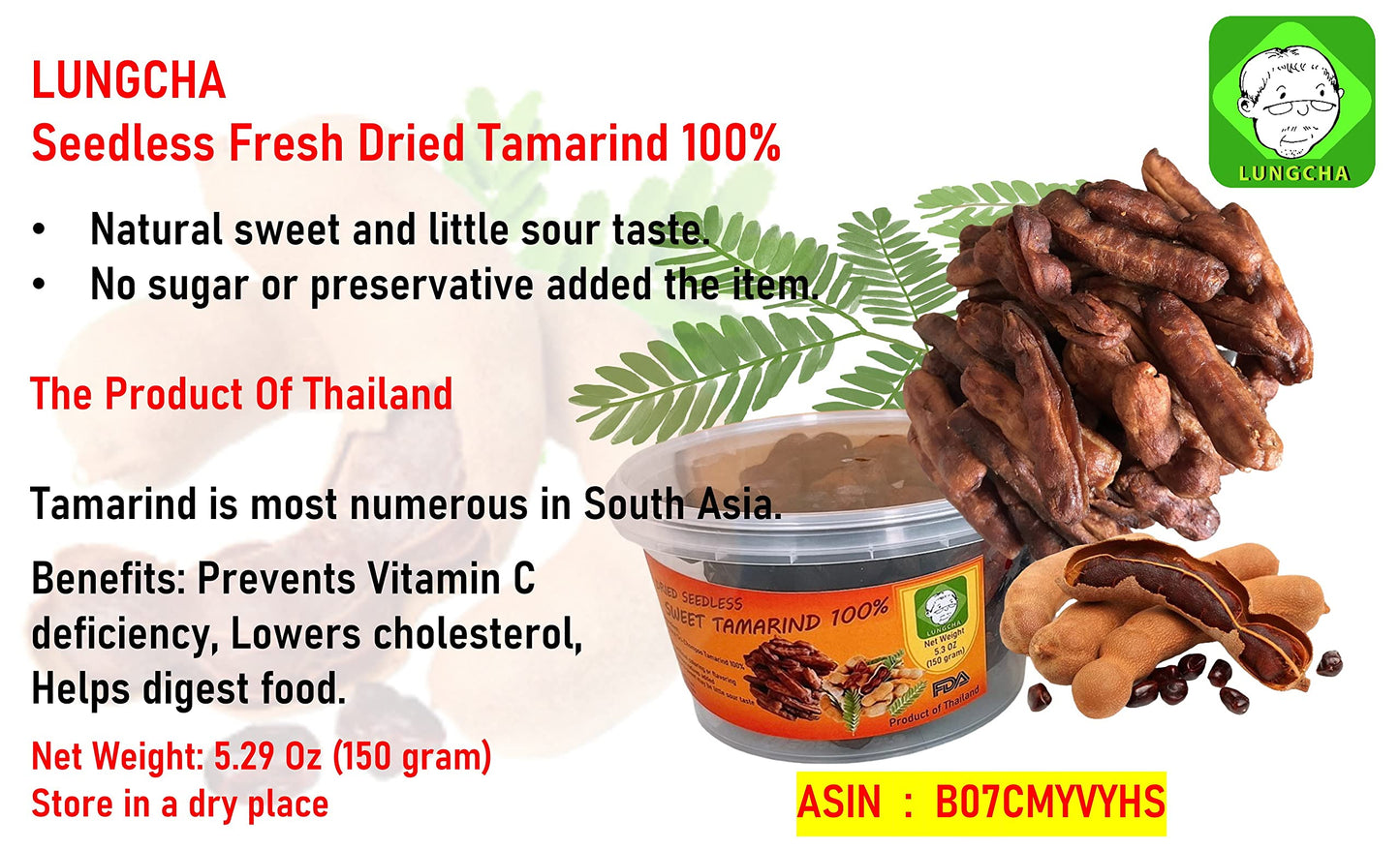 Seedless Fresh Dried Real Fruit Tamarind See-Chom-Phoo little Sour and Sweet small pieces 150 g. (5.29 Oz.)