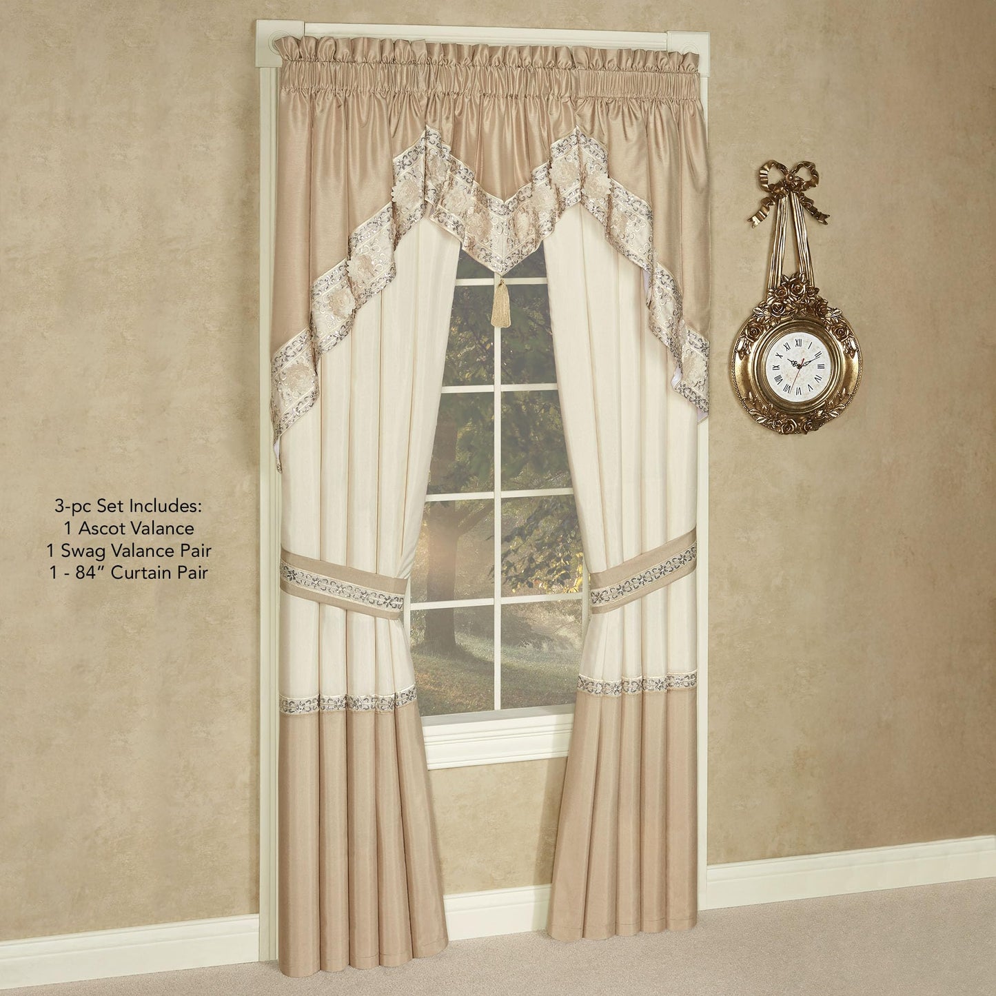 Luxury Elegante Sophisticated Polyester Faux Silk Window Treatment | Light Cream Ivory Metallic Gold | Sequins Embroidery Floral | 3 Piece Set with Ascot Valance and Swag Pair and 84L Curtain Pair