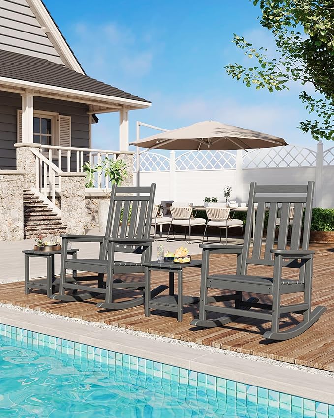 Poly Lumber Rocking Chair Outdoor Set of 6- HDPE High Back Porch Rocker Chairs for Adults - All Weather Resistant Furniture for Patio - Gray