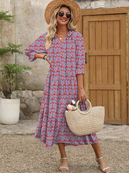 ANRABESS Women's Boho Maxi Dresses 2025 Summer Casual V Neck Puff Sleeve Floral Tiered Flowy Swing Beach Vacation Long Dress