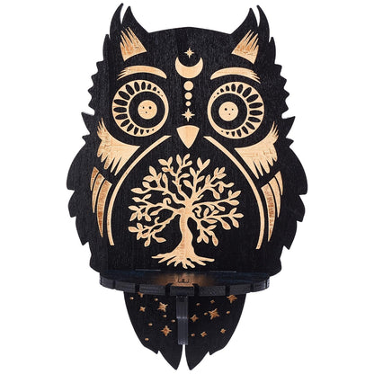 CREATCABIN Crystal Display Shelf Wooden Crystal Wall Shelves Owl Tree of Life Wall Decor Floating Holder Storage Shelf Hanging Altar Witchy Stuff for Stones Essential Oil Spiritual Gift Black 8x6Inch