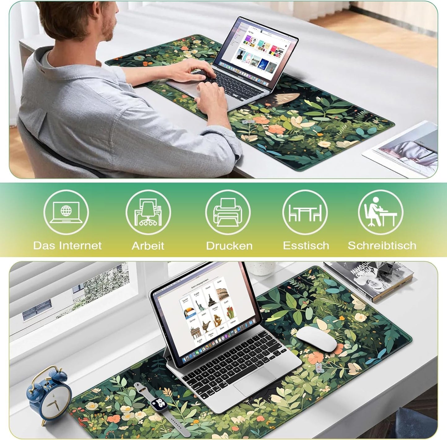 Acezeek Gaming Mouse Pad XXL, 900X400mm Mouse Mat Large Desk Pad Mousepad with Stitched Edges & Anti-Slip Base Mousemat for Gaming,Office,Home(Green&Cat)
