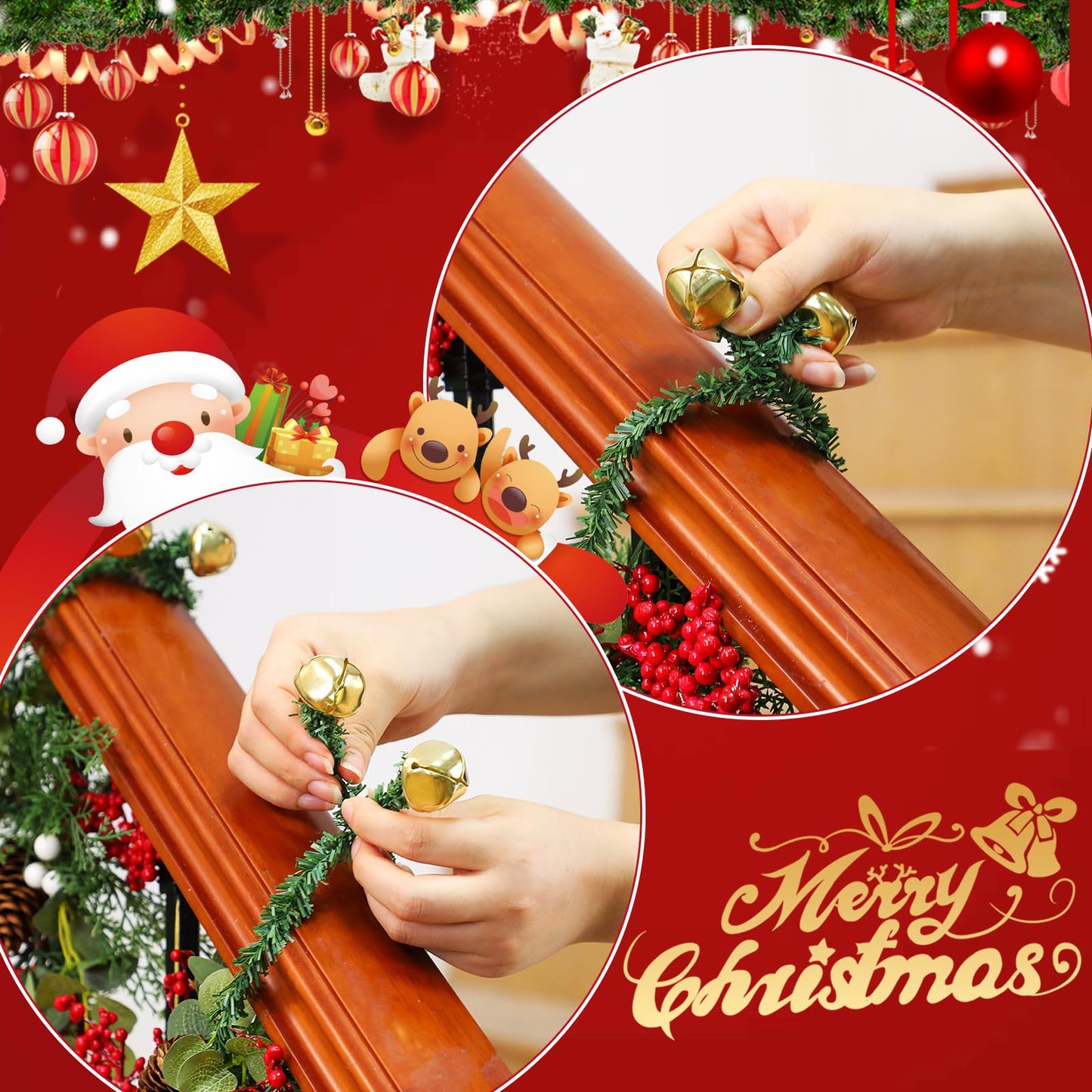 Motionchic 25 Pcs 20 Inches Christmas Garland Ties with Bells Decorative Twist Ties Garland Hanger for Banister Stairs Railing Garden Reusable Flexible Twist for Xmas Holiday Decorations (Gold)