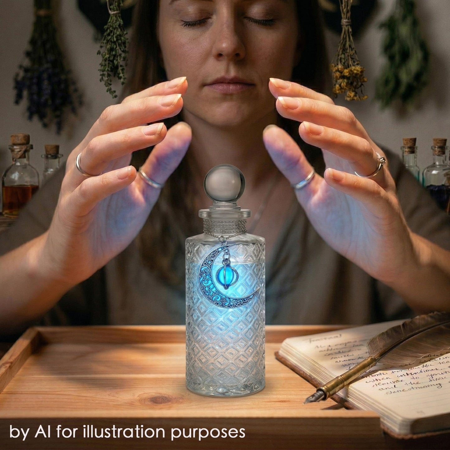 Moon Energy Glass Bottle Set with 3 Luminous Moon Pattern Necklace, Airtight Glass Jars for Crystal Cleansing, Rituals & Altar Decor Meditation Witchcraft with Leak-Proof Silicone Stopper