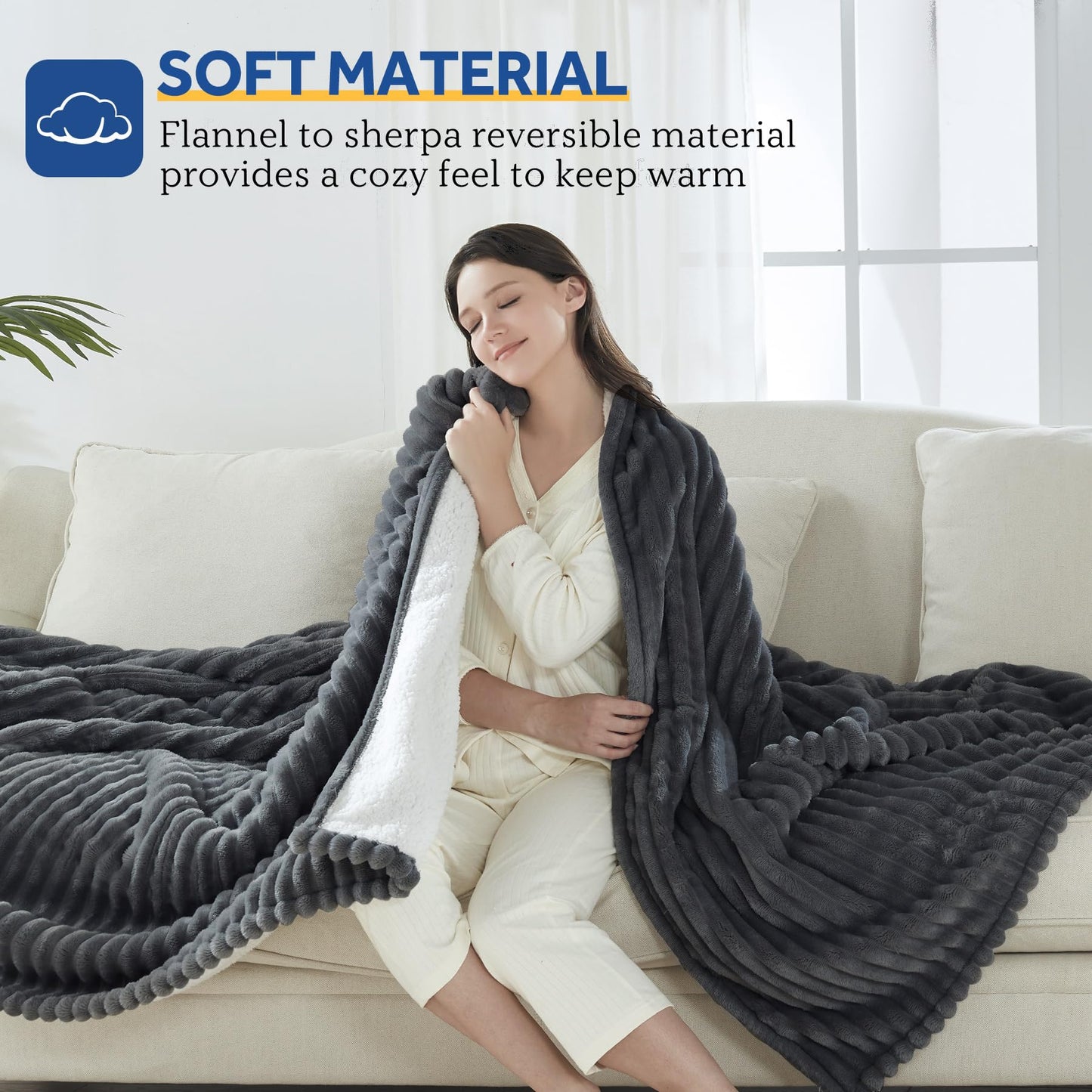 SEALY Electric Blanket Full Size, Soft Ribbed Flannel to Sherpa Reversible Heated Blanket with 10 Heat Settings & 1-12 Hours Auto-Off Overheat Protection, Machine Washable, 72"x84" Beige