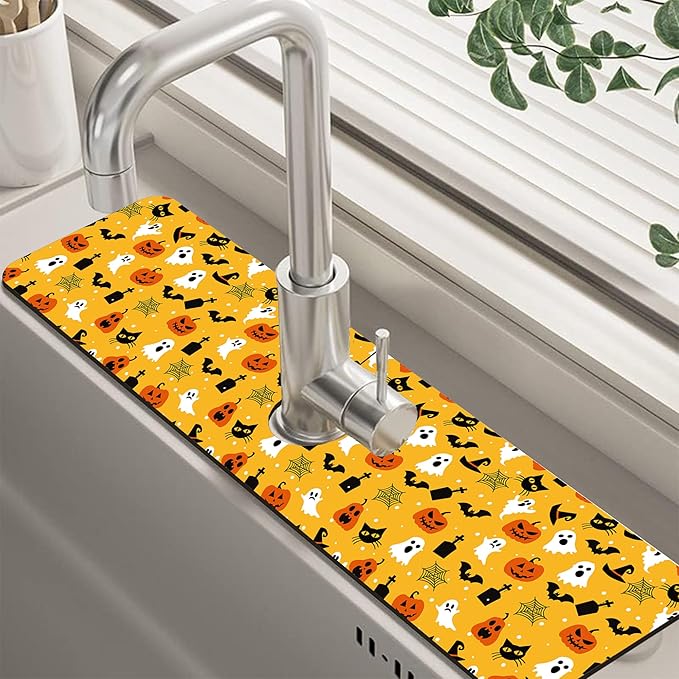 Halloween Pumpkin Bat Ghost Kitchen Sink Splash Guard Mat Absorbent Fast Drying