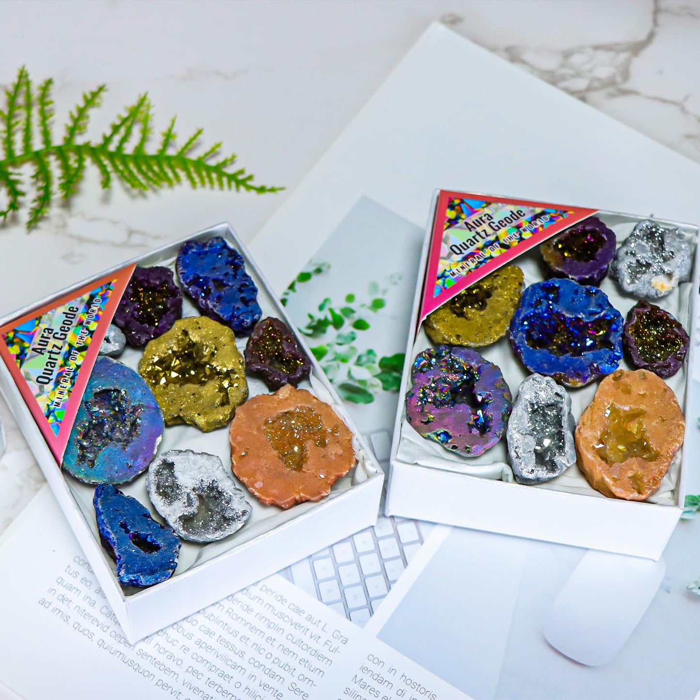 Titanium Coated Quartz Crystal Cluster Geode Druzy Stones Gemstones and Crystals Aura Collection Spiritual Reiki Gifts for Women Adults Meditation Paperweight Home Decor,9pcs in Box