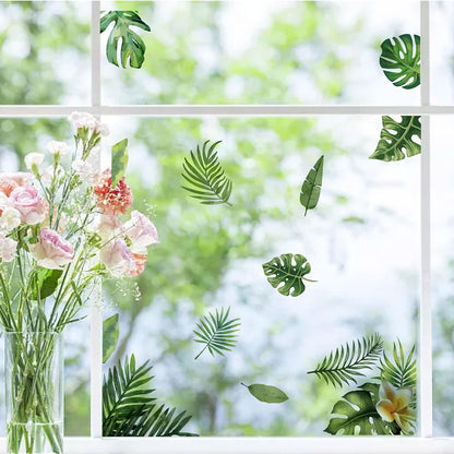 CRASPIRE 8 Sheets Green Leaf Window Stickers Tropical Leaves PVC Waterproof Self Adhesive Summer Wall Decals Natural Palm Plant Rectangle Removable for Stairway Home Decoration TV Wall Art