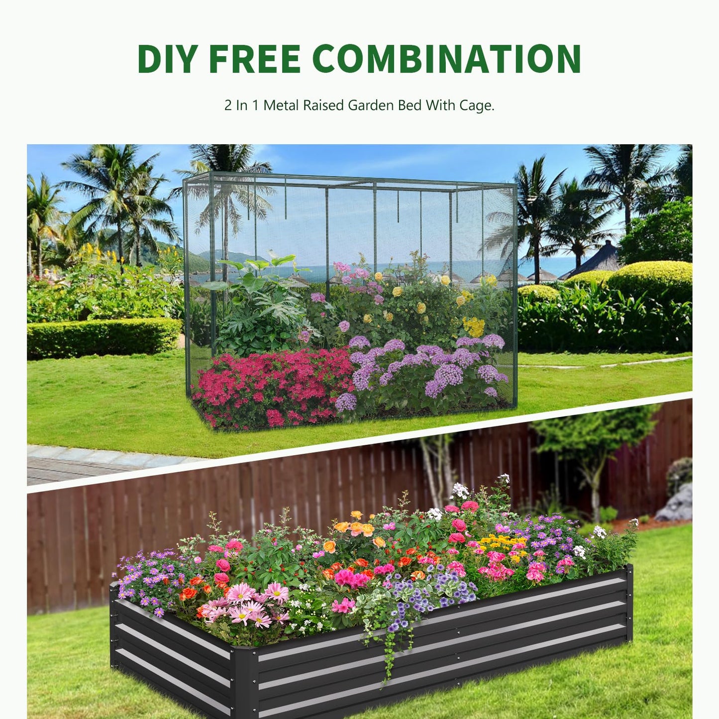 UrGROWA Galvanized Raised Garden Bed with Crop Cage Plant Protection Net Tent Kit for Garden Plant, 71"x35.4"x 59" Plants Protection Tent Cage Metal Planter Box Bottomless Planting Vegetables Outdoor