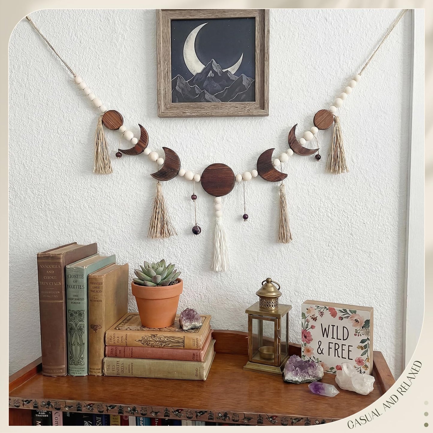 Leinuosen Moon Phase Wall Hanging Wood Beaded with Tassel Boho Wall Art Decor Astrology Aesthetic Moon Garland Celestial Decor for Living Room Bedroom Dorm Apartment(Horizontal)