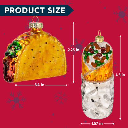 JOYIN Christmas Taco and Burrito Ornament, 2 pcs Glass Blown Set Handcrafted for Tree Hanging Ornament Outdoor Christmas Decorations Indoor