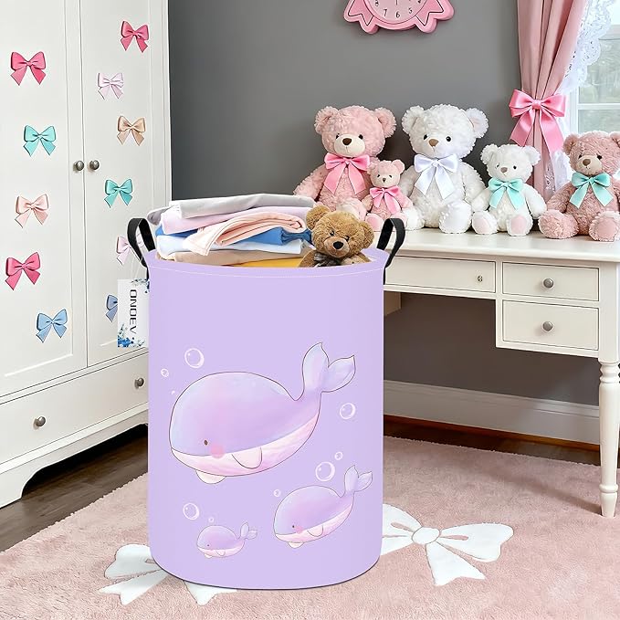 Round Foldable Girls' Storage Basket Kids Laundry Hamper Purple Gift Basket