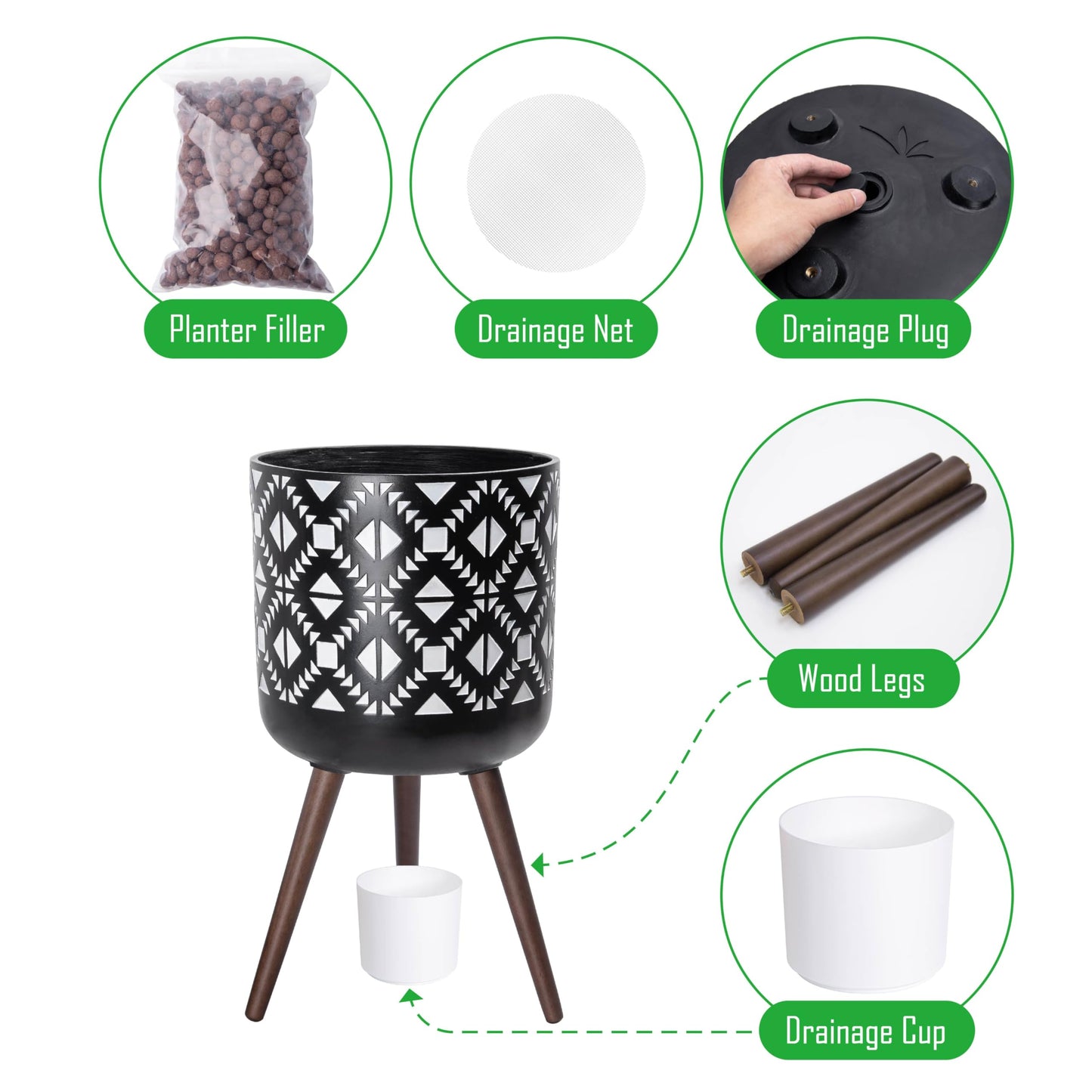 D'vine Dev 14 Inch Planter Pot with Stand, Mid-Century Tall Plant Pot with Legs for Indoor Plants, White/Black, 88-G-D-4
