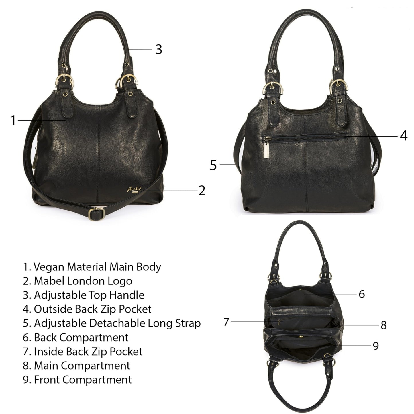 Mabel London Womens Multiple Compartments Handbag - Medium Size Bag with a Long Shoulder Strap - AMELIA (Black)