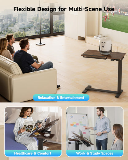 BIZUM Small Electric Standing Desk, Overbed Table Wireless Tilt Top with Hidden Wheels, 27.6×15.8 Inch Adjustable Rolling Laptop Desk, USB-C Rechargeable Battery, Walnut