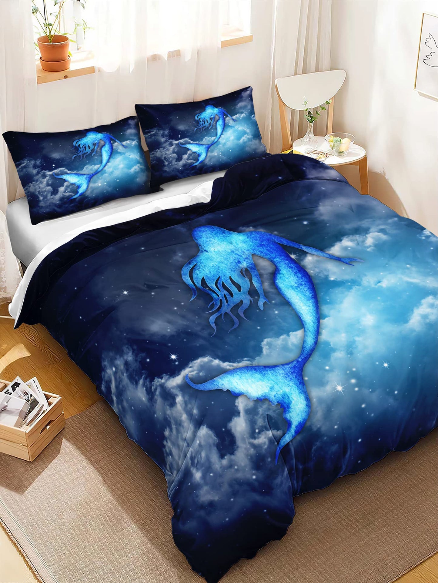CVHOUSE Mermaid Duvet Cover King Size,Sky Cloud Mermaid Bedding Set for Girls Kids Teens,Blue Comforter Cover,1 Duvet Cover 2 Pillowcases 3 Piece