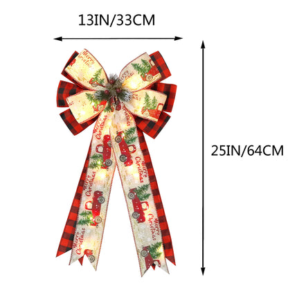 Christmas Tree Topper Bow with 30 LED Lights Decorations, 13”x25” Xmas Large Red Black Buffalo Plaid Rustic Farmhouse Wreath Bows with Truck Berries Pine Cones Pine Needles for Front Door Outdoor