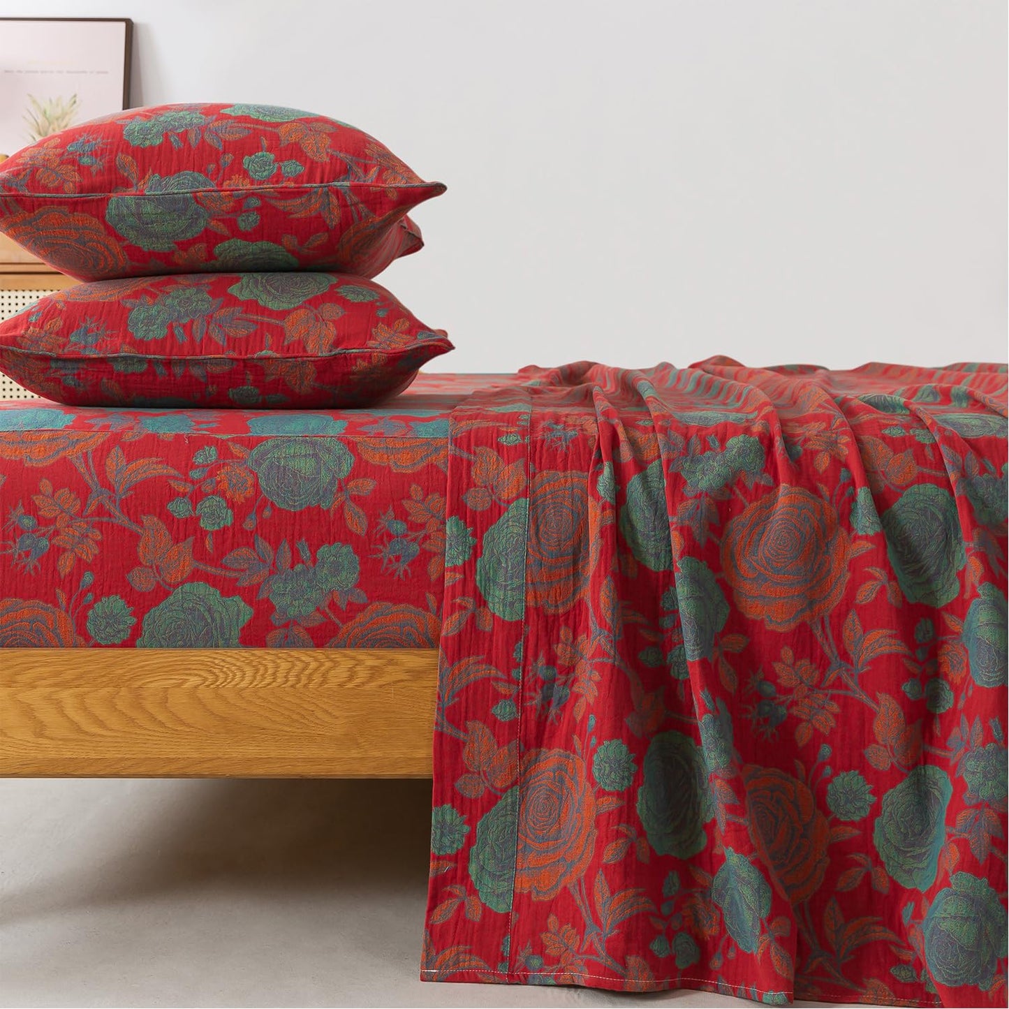 FADFAY Double Gauze 100% Cotton Queen Sheets Set Floral Bed Sheets Deep Pocket Fitted Sheet, Luxury Rose Pattern Shabby Vintage Countryside Style Bedding 4Pcs