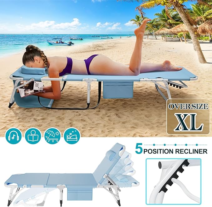 ABORON Heavy Duty Tanning Chair, Outdoor 5-Position Folding Chaise Lounge Chair